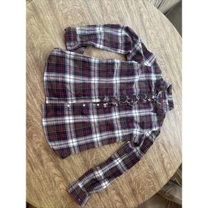 Tommy Hilfiger Women's Medium Plaid  Ruffle Button Shirt Long Sleeve Multicolor